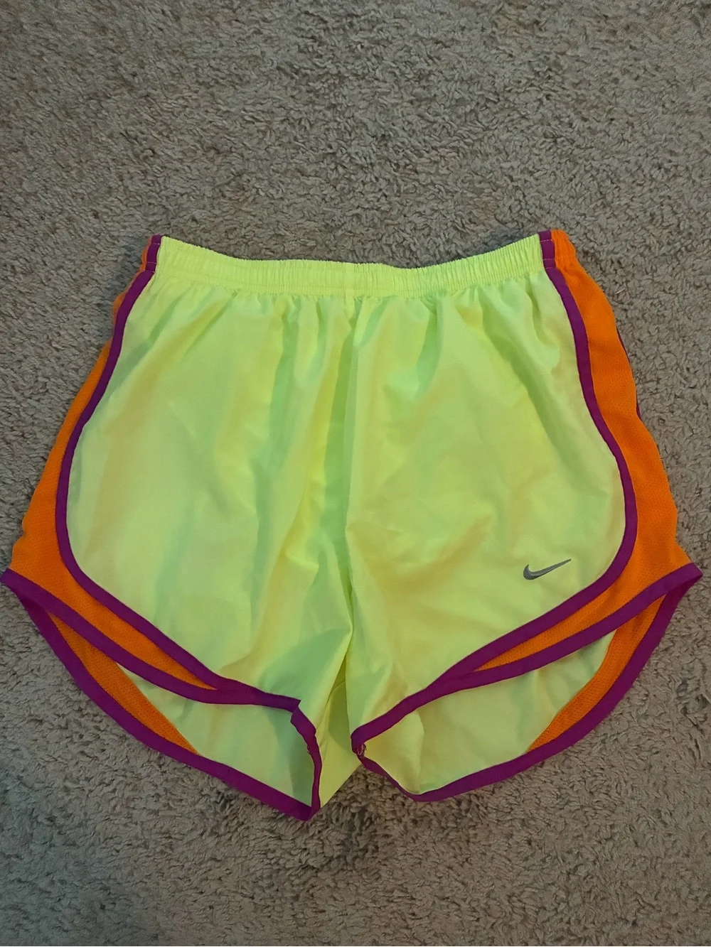 Nike Neon Yellow Athletic Shorts with Orange Panels & Purple Trim